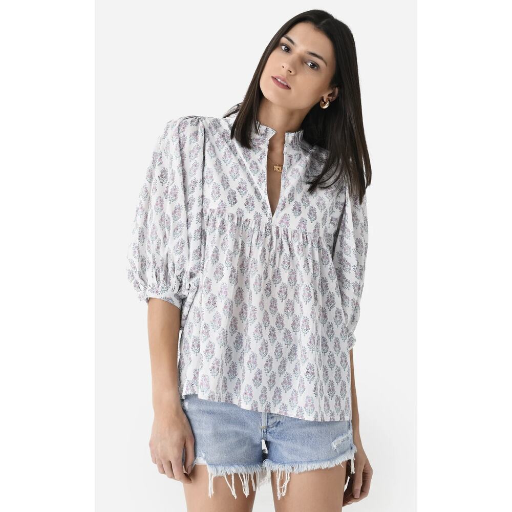 Sur La Vague Women's Puff Sleeve Flowy Ruffle Neck Floral‎ Blouse Blue Pink